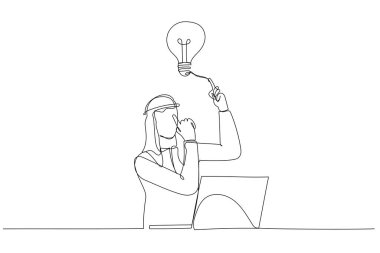 Arap iş adamının dizüstü bilgisayarda oturup, kafasında ampulle parlak bir fikir oluşturması. Aralıksız bir çizgi sanat tarzı