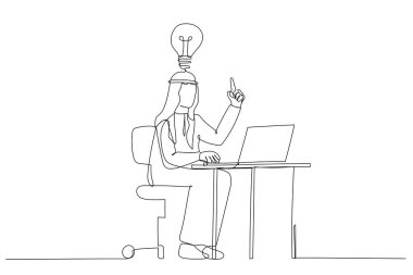 Masasında çalışan ve bir sürü fikir ampulü üreten mutlu Arap iş adamı karikatürü. Tek satır sanat tarzı