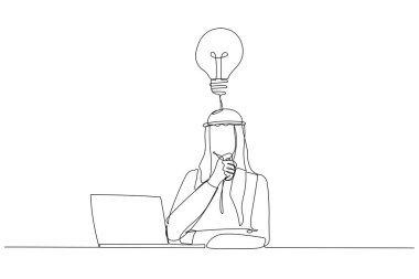 Düşünceli Arap işadamının çizimi iş yerinde dizüstü bilgisayara bakarak online proje düşünüyor. Bir satır sanat tarzı