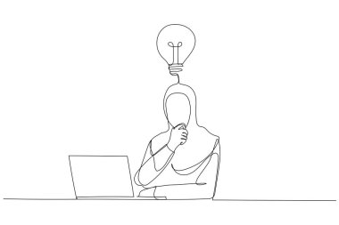 Düşünceli Müslüman iş kadınının çizimi iş yerinde dizüstü bilgisayara bakarak internet projesini düşünün. Tek satır aralıksız sanat biçimi