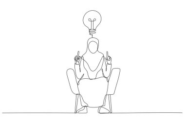 İki eliyle Eureka 'yı işaret eden yaratıcı bir fikri olan Müslüman iş kadını çizimi. Aralıksız bir çizgi sanat tarzı