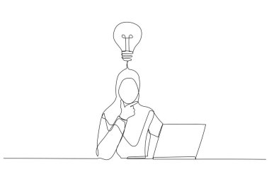 İş yerindeki projeyi düşünen Müslüman iş kadınının çizimi. Bir satır sanat tarzı