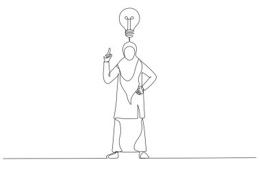 İnovasyon ve ilham için ampul metaforu olan Müslüman iş kadını tasviri. Bir satır sanat tarzı