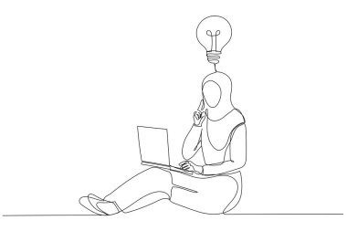 Dizüstü bilgisayarlı genç Müslüman iş kadınının çiziminin bir fikri var. Tek satır sanat tarzı