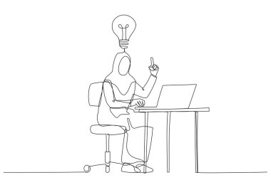 Masasında çalışan mutlu Müslüman iş kadını tasviri ve bir sürü fikir ampulü. Bir satır tarzı sanat