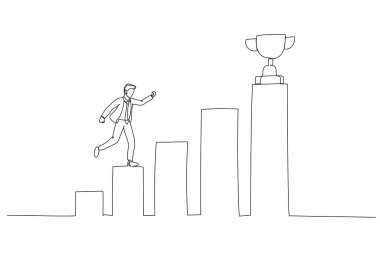 Kazanan kupayı, başarı kavramını yakalamak için büyüyen çubuk grafiği üzerinde çalışan işadamının tasviri. Tek satır aralıksız sanat biçimi