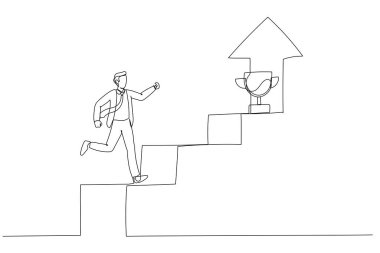 Kazanan kupayı bulmak için gökyüzüne yükselen okla merdivenlerden çıkan bir işadamı tasviri. Tek satır sanat tarzı