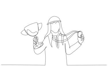 Elinde altın madalya ve birincilik ödülü olan Arap iş adamı çizgi filmi. Tek satır aralıksız sanat biçimi