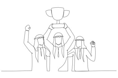 Takım çalışmasında altın kupa konsepti taşıyan Arap işadamlarının boyunlarına madalyalar çizilmesi. Tek satır aralıksız sanat