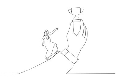 Arap iş adamının çizimi, kupayı elde tutmak için elinden geleni ardına koymadan koşuyor. Tek satır sanat tarzı