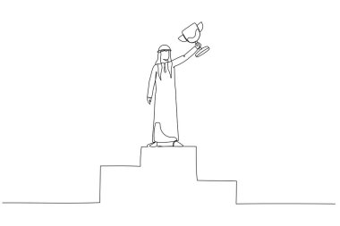 Birincilik kazanan Arap iş adamının karikatürü altın kupayla yükselen kaidede. Tek satır aralıksız sanat biçimi