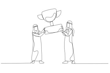 Arap iş adamının ödül kazanan kupayı tutuşu ve başarıyı kutlaması. Bir satır sanat tarzı