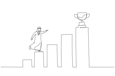 Kazanan kupayı yakalamak için büyüyen çubuk grafiği üzerinde koşan Arap işadamının çizimi, başarı kavramı. Tek satır sanat tarzı