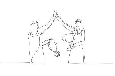 Arap iş adamının tasviri zaferi kutluyor. Zafer kupası metaforu. Bir satır sanat tarzı