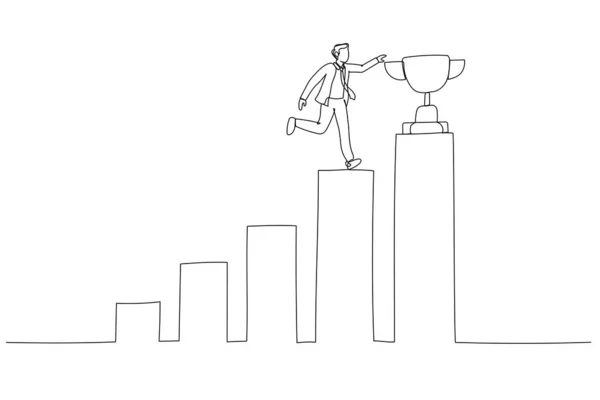 トロフィーの成功の概念に勝つために成長バーグラフをステップアップビジネスマンを獲得の漫画 シングルラインアートスタイル — ストックベクタ