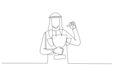 Arap iş adamının kendini başparmağıyla göstermesi gururla başarı ödülü alması. Aralıksız çizgi sanatı