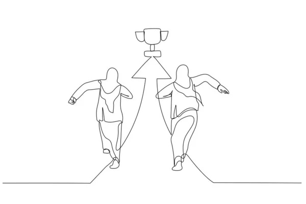 Karikatura Motivované Muslimské Podnikatelky Běžící Šipce Ukazující Směr Trofeji Cestu — Stockový vektor