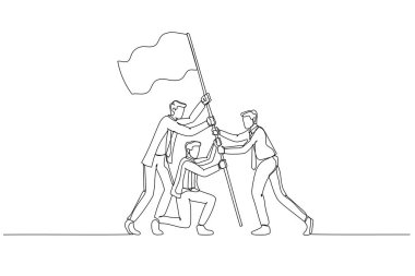 Başarı ve yüksekliğin sembolü olarak bayraklı bir işadamı çizimi. Devamlı çizgi sanatı