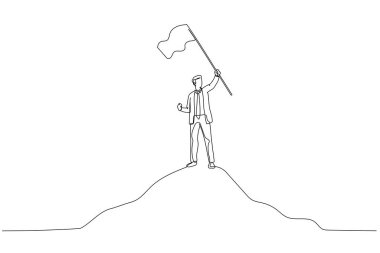 İş adamı karikatürü ve başarı için dağ metaforunda bayrak. Bir satır tarzı sanat