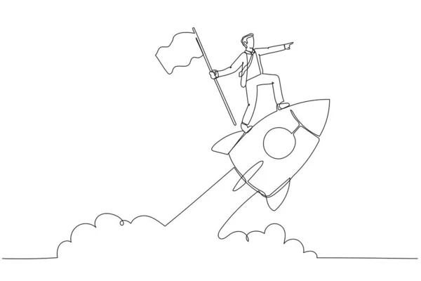 ビジネスマンの漫画飛行ロケットに立って1番のフラグを保持します 一連のラインアートスタイル — ストックベクタ