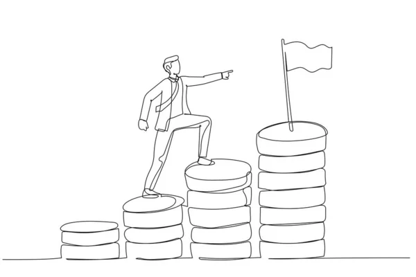 Karikatura Podnikatel Krok Šplhání Peníze Mince Stack Cílem Dosáhnout Cíle — Stockový vektor
