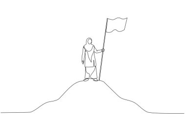 Gökyüzünün tepesinde bayrak taşıyan Müslüman kadın girişimci imajı iş başarısı kavramı. Tek satır aralıksız sanat