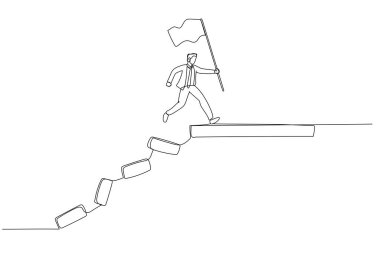 Hayatta kalma hedefine ulaşmak için çöken köprüye atlayan işadamlarının çizimleri. Tek satır aralıksız sanat biçimi