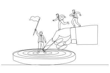 İş adamının iş birliğinin hedef metaforuna ulaşmasına yardım ettiği bir resim. Tek satır aralıksız sanat biçimi