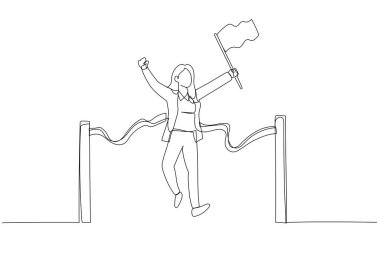 Bitiş çizgisinde bayrak taşıyan iş kadını çizimi. Tek satır sanat tarzı