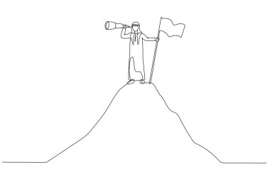 Başarının çizimi Arap adam fırsat dağ kavramının bayrağının yanında duruyor. Devamlı çizgi sanatı