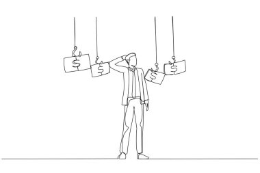 İş adamının çizimi para kavramına uygun oltayı seçti. Tek satır aralıksız sanat biçimi