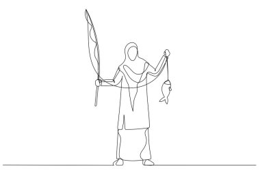 Müslüman bir kadının balık konsepti olan başarı çizimi. Aralıksız çizgi sanatı