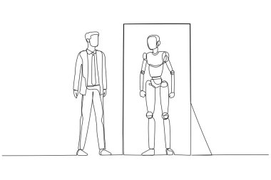 İş adamının aynaya baktığı ve yapay zekanın robot versiyonunu gördüğü tasviri. Tek satır sanat tarzı