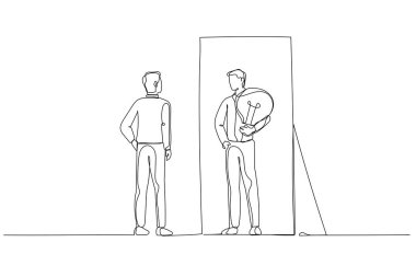 İş adamının iç konuşmadan sonra parlak bir iş fikri elde edişinin çizimi. Aralıksız çizgi sanatı