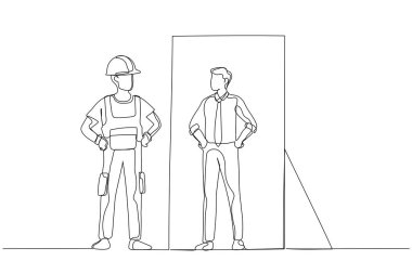 Mavi yakalı işçi karikatürü aynadaki benliğin iş adamı versiyonuna bakıyor. Bir satır sanat tarzı