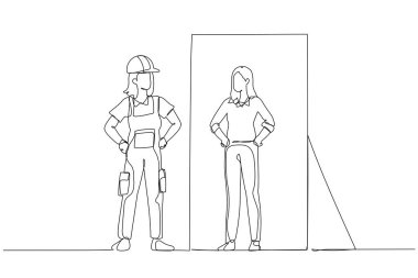 Mavi yakalı işçinin aynada kendinin iş kadını versiyonuna baktığı tasviri. Tek satır aralıksız sanat biçimi