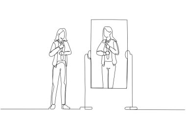 İş kadını çizimi aynaya bakarak çalışmaya hazırlanıyor. Aralıksız bir çizgi sanat tarzı