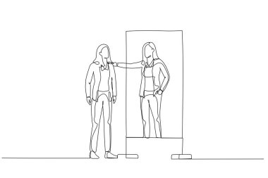 Aynaya bakan iş kadınının çizimi özsaygı kavramını kucaklıyor. Bir satır sanat tarzı