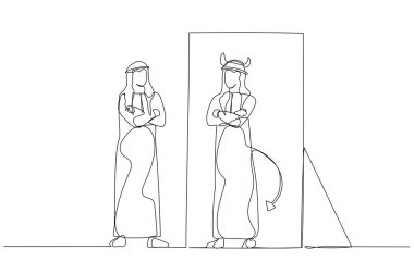 Arap adamın iki kişilikli içindeki şeytan kavramına baktığı çizimler. Tek satır aralıksız sanat