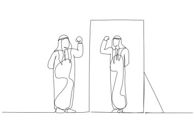 Şişman Arap adamın aynaya bakıp sağlıklı ve sağlıklı versiyonunu görmesi. Aralıksız bir çizgi sanat tarzı