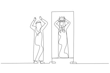 Arap adamın kendini daha iyi görmeye çalışırken resmini çizmek kafaya tacı yerleştirmek. Tek satır aralıksız sanat biçimi