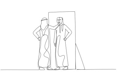 Arap adamın çizimi kendini yansıtma konsepti olan sahtekar sendromuna maske takıyor. Tek satır aralıksız sanat