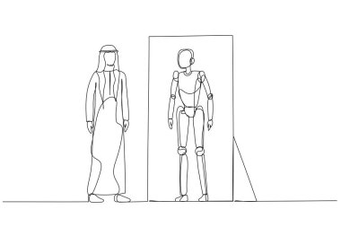 Arap adamın aynaya baktığı ve yapay zekanın robot versiyonunu gördüğü karikatür. Aralıksız çizgi sanatı
