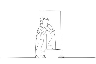 Arap bir adamın aynadaki yansıması olan kendini sevme kavramına sarıldığı tasviri. Bir satır sanat tarzı