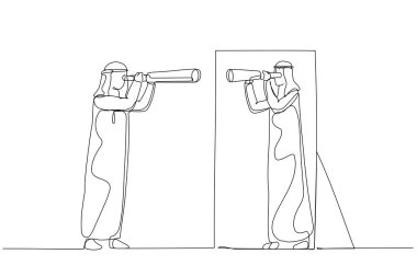 Teleskop tutan Arap adamın aynada kendine baktığı bir resim. Tek satır sanat tarzı