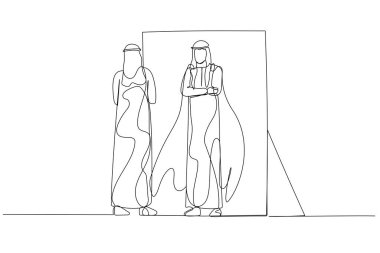 Arap adamın karikatürü aynadaki iç kuvvete bakarak kendini yansıtır. Devamlı çizgi sanatı