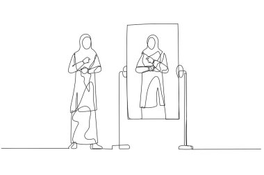 Kadının çizimleri başörtüsü takıyor ve aynaya bakarak çalışmaya hazırlanıyor. Bir satır tarzı sanat