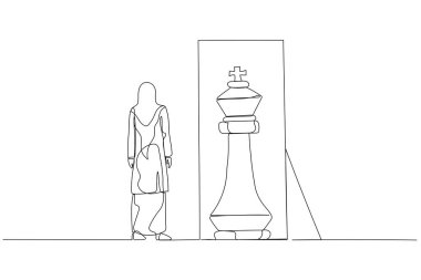 Kadın karikatürü aynanın önünde tesettür takıyor. İçindeki satranç taşı kavramını görüyor. Pozitif düşünce. Tek satır sanat tarzı