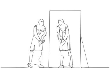 Kadın çizimi tesettür takar, kendine sorar ve düşündükten sonra cevap alır. Tek satır aralıksız sanat biçimi