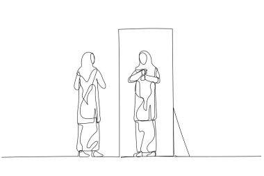 Kadının çizimi işe giderken tesettüre giriyor. Bir satır sanat tarzı